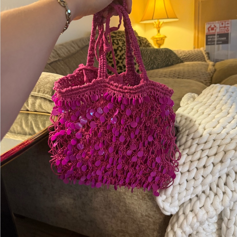 Zara Pink Macramé Tote Bag with Fringe